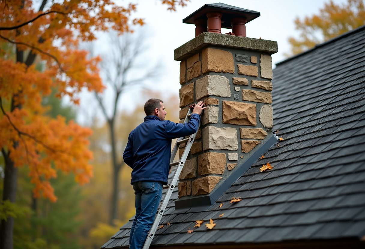 Technician inspecting a fieldstone chimney from a ladder — Lacey